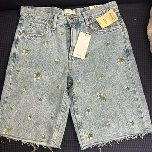 Mango Light Wash Denim Bermuda Shorts with Embroidered White & Green Flowers